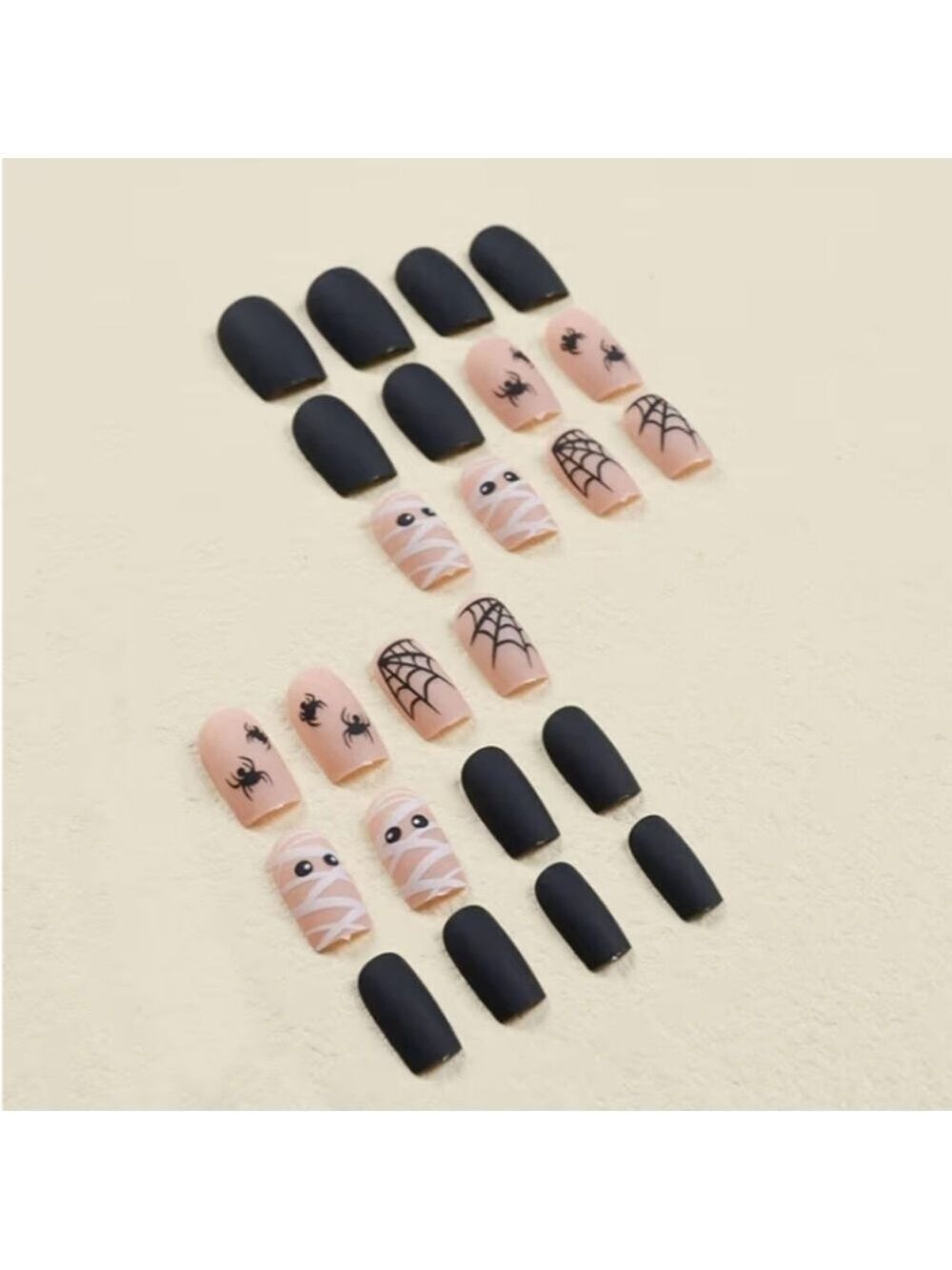 2/$10 Halloween Mummy & Spider Matte Nail Set - Black & Nude - Picture 3 of 7